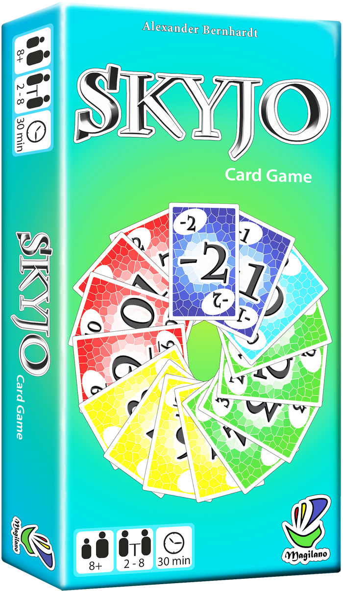 La boîte turquoise et verte du jeu de cartes Skyjo de Magilano, sur fond transparent